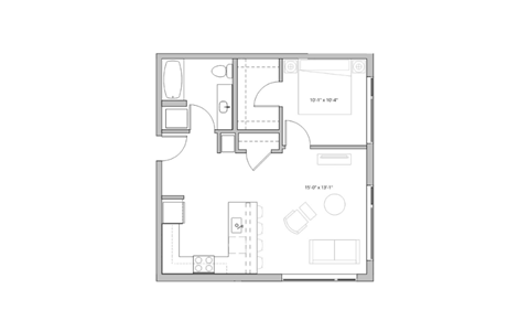 Floor plan for 1 bed, 1 bath, 714 sqft